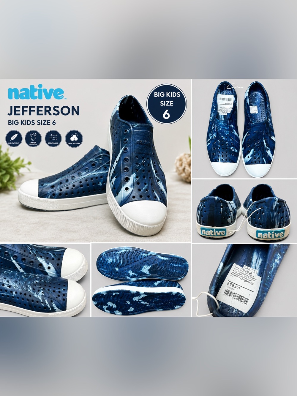 Native Youth/Big Kids Jefferson Marbled Blue White Slip On Shoes Size 6 NEW